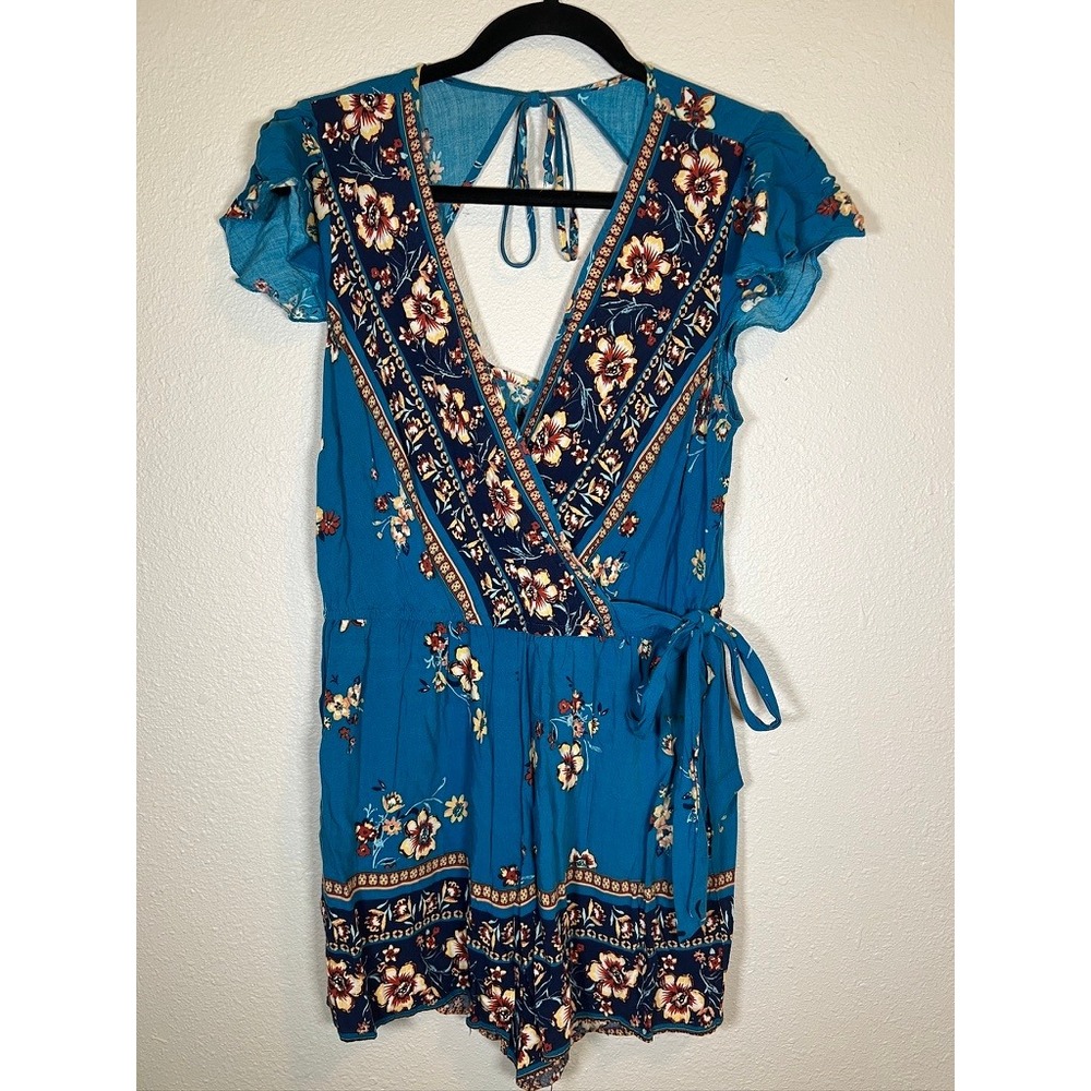Floral Romper L Teal Blue Boho Wrap Open Back Summer Festival Tropical Vacation